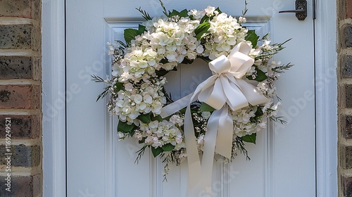 delicate hydrangea wreath hanging on a white wooden door, adorned with soft ribbon and floral accents. Hydrangea 