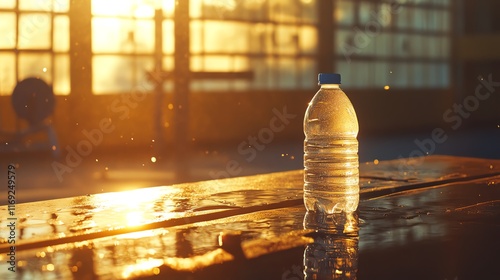 A refreshing bottle of water in golden sunlight, perfect for hydration and wellness. photo