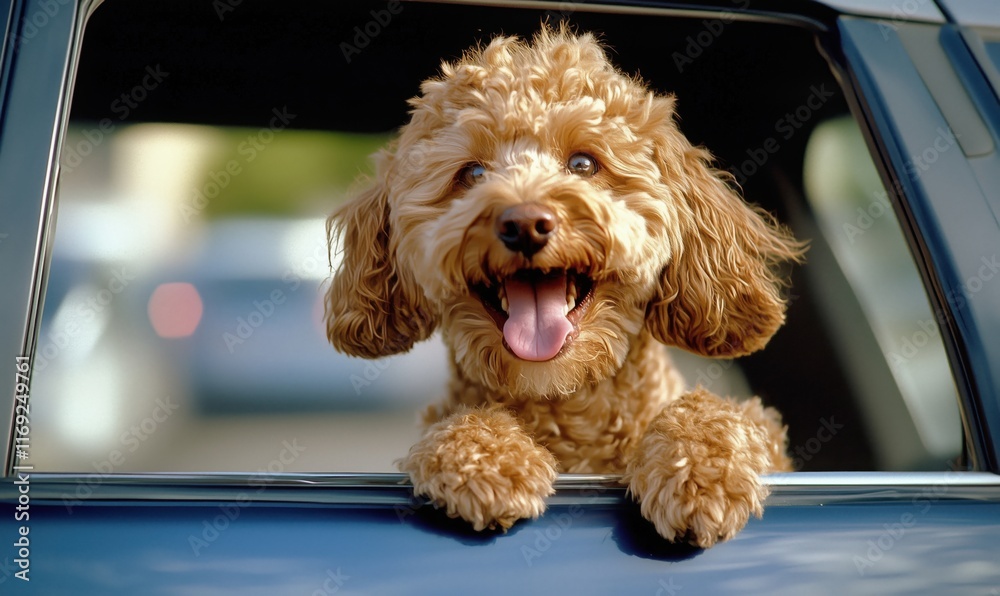 Happy dog enjoying ride with head out of car window, fluffy fur, bright eyes, joyful expression, sunny day, outdoor setting Happy dog enjoying ride with head out of car window, fluffy fur, bright eyes, joyful expression, sunny day, outdoor setting
