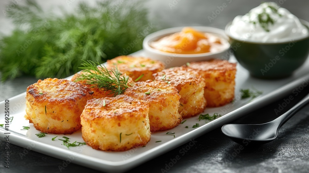 Crispy potato pancakes with dill and sour cream served with tomato sauce Crispy potato pancakes with dill and sour cream served with tomato sauce
