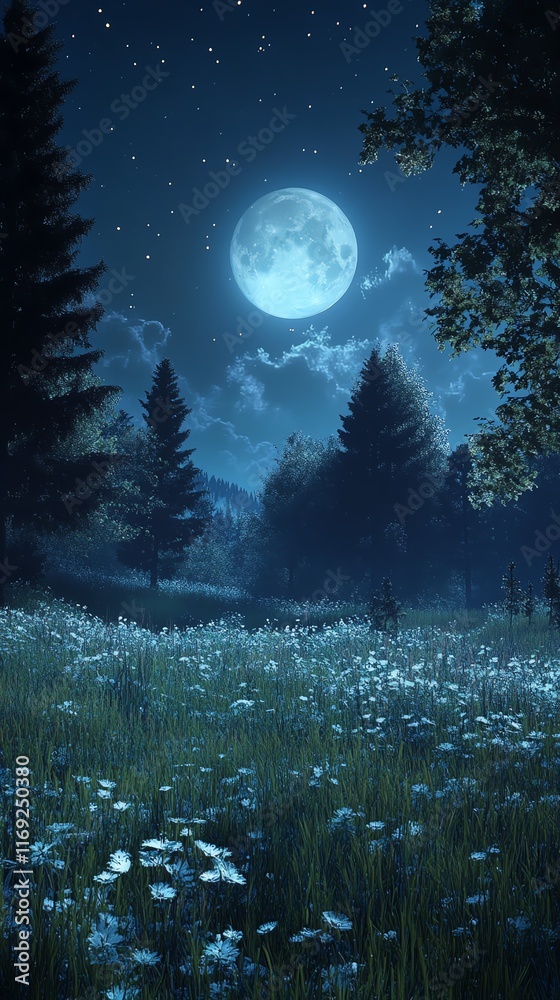 Fototapeta premium A serene night landscape featuring a bright moon over a flower-filled meadow.