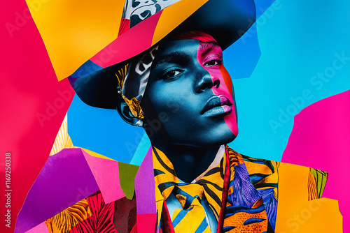 Pop art portrait of the trendy black man made of collage papers