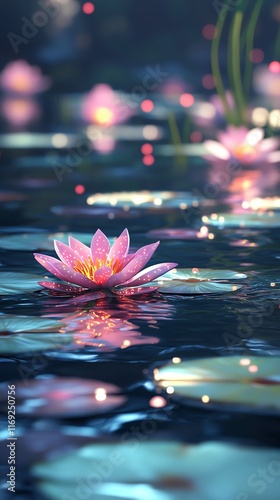 A serene pink water lily gracefully floats on calm, shimmering water. photo