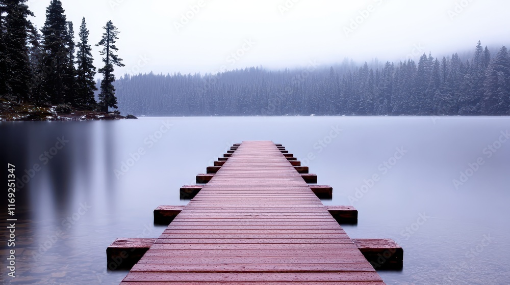 Fototapeta premium Serene Snowy Pier over Still Water Surrounded by Lush Evergreen Forest in the Misty Landscape