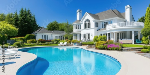 Luxurious white mansion, curved swimming pool, manicured lawn, sunny day, blue sky, landscape architecture, high-end real estate, backyard oasis, outdoor living space, modern design, curvilinear pool 