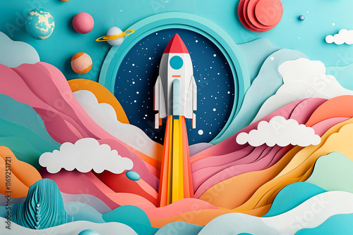Colorful paper art style illustration of space exploration