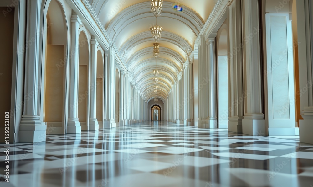 Obraz premium Elegant architectural corridor with arches and polished marble floor, featuring intricate lighting and symmetrical design