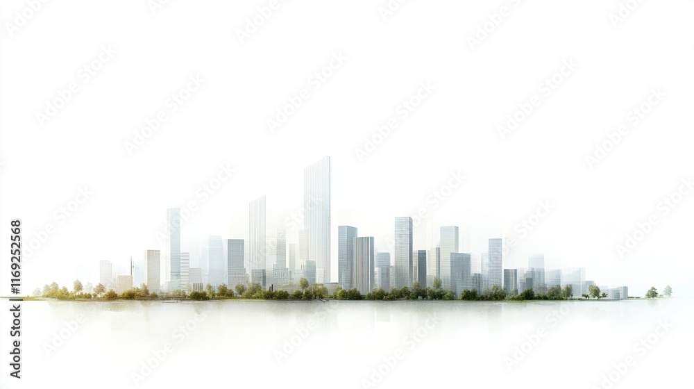 Modern urban skyline with minimalist high-rise buildings and foggy horizon Modern urban skyline with minimalist high-rise buildings and foggy horizon