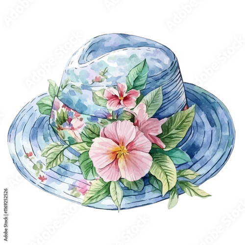 A watercolor vector painting of a summer women’s hat with floral patterns, isolated on a white background. Summer women’s hat vector.

