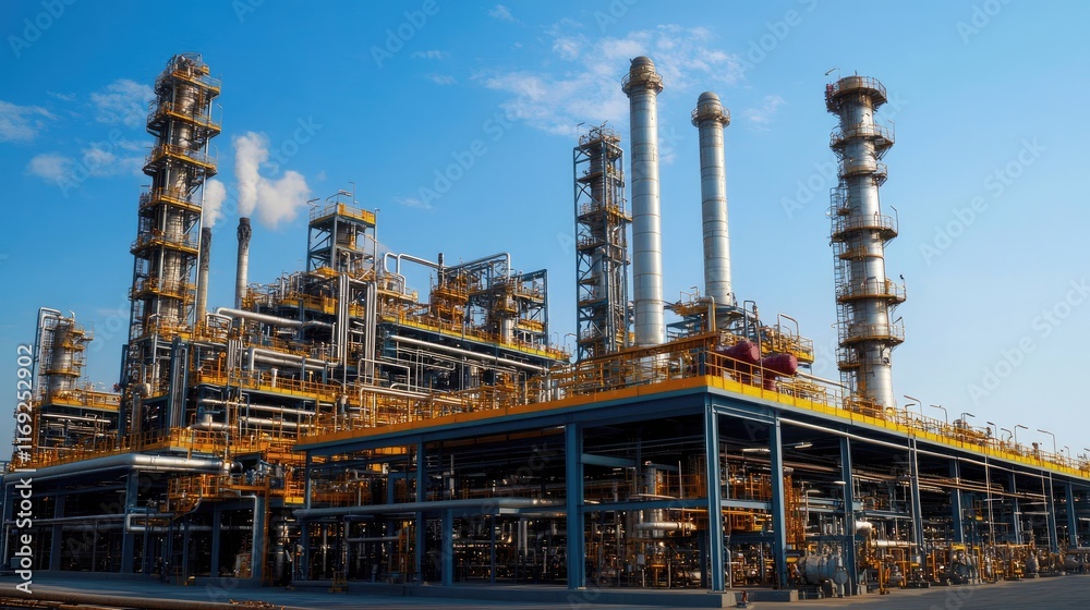 A prominent gas pipe running to a factory, with the oil refinery in the background, showing the scale and importance of industrial infrastructure. A prominent gas pipe running to a factory, with the oil refinery in the background, showing the scale and importance of industrial infrastructure.