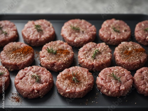 Wallpaper Mural Handmade raw burger cutlets with minced meat and spices arranged on a black tray from a top view perspective. Torontodigital.ca