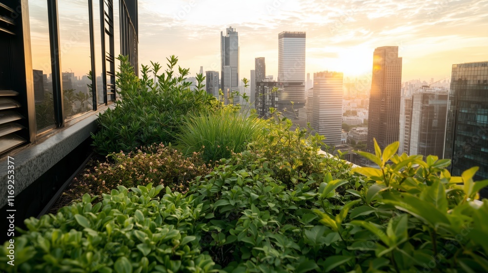 Fototapeta premium Lush Rooftop Garden Overlooking Cityscape at Sunset