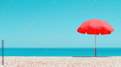 Bright Red Beach Umbrella on Sandy Shore with Calm Blue Ocean and Clear Sky in a Serene Summer Setting photo