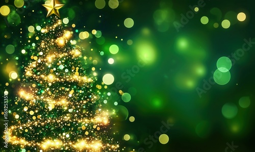Sparkling Christmas Tree with Golden Ornaments and Star on Top, Festive Green Background with Bokeh Lights