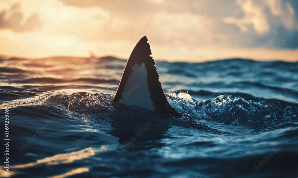 Fototapeta premium Shark fin emerging from ocean surface at sunset, dramatic lighting and waves create a captivating marine scene