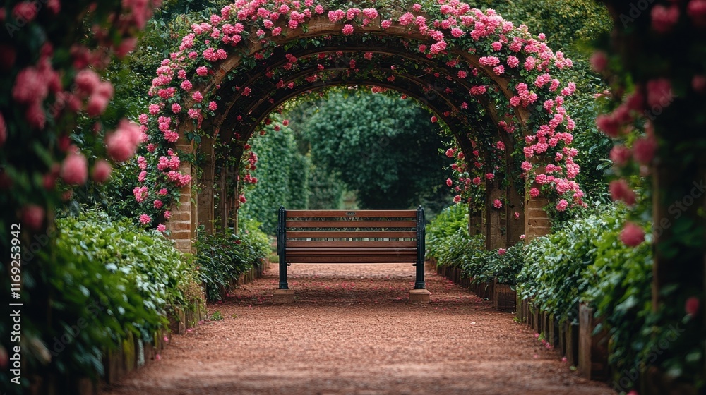 Fototapeta premium Serene garden pathway with flowered arch and wooden bench