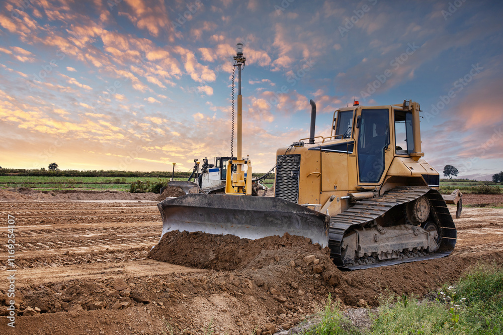 Crawler dozer against the background of a beautiful sunrise. Construction equipment. Bulldozer at work. Bulldozer. Construction Site. Construction Equipment. Earthmover. Crawler dozer against the background of a beautiful sunrise. Construction equipment. Bulldozer at work. Bulldozer. Construction Site. Construction Equipment. Earthmover.