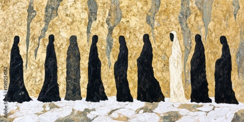 黒い衣装をまとった人々が白い服の人物の周りに集まる様子を描いた作品