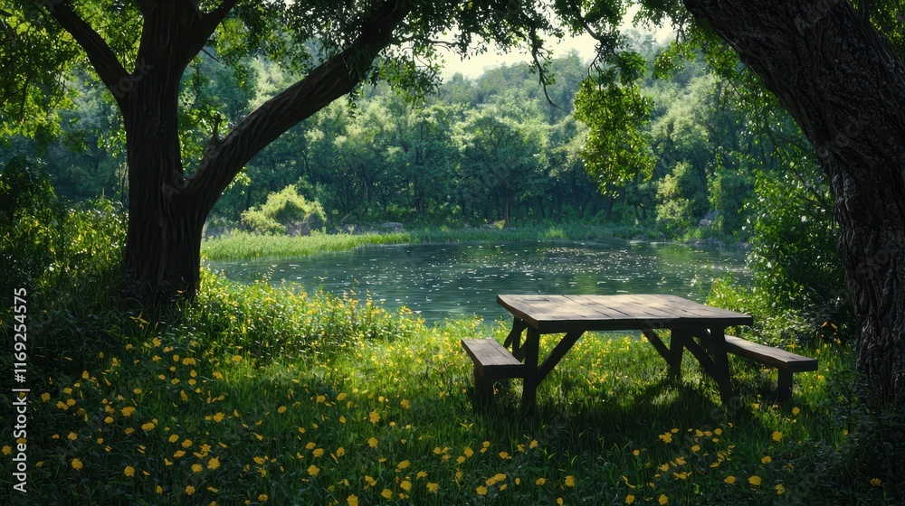 Naklejka premium Serene Outdoor Picnic Area Surrounded by Lush Greenery and Tranquil Pond Under Bright Blue Sky