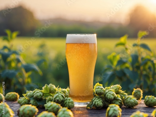 Refreshing beer served in a glass beside hop cones in a lush field during sunset. photo