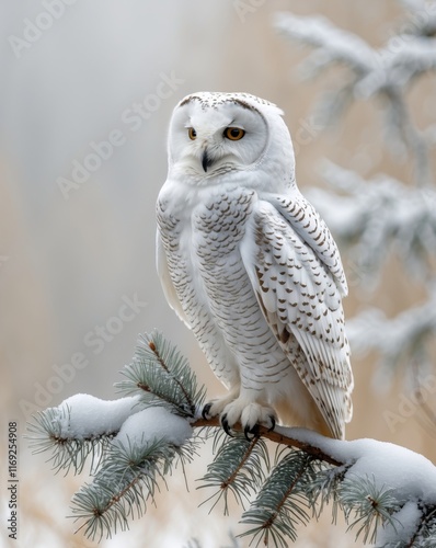 Majestic snowy owl perched on snowy pine branch in winter wonderland. photo