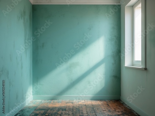 soft blue green turquoise empty abstract wall dirty wooden parquet floor corner room scene product presentation advertising. photo