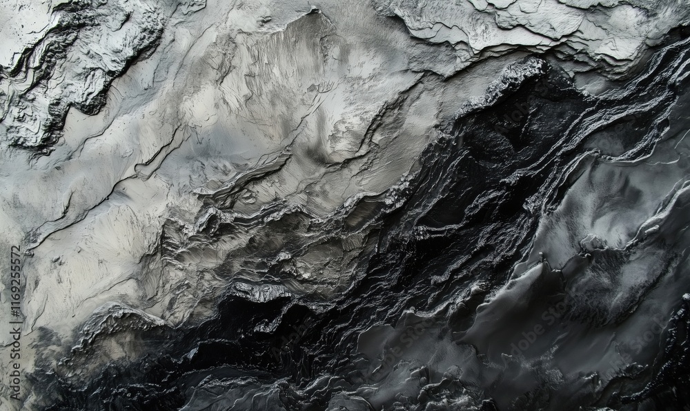 Obraz premium Abstract monochrome texture resembling rocky landscape with intricate patterns and depth, showcasing shades of black, gray, and white