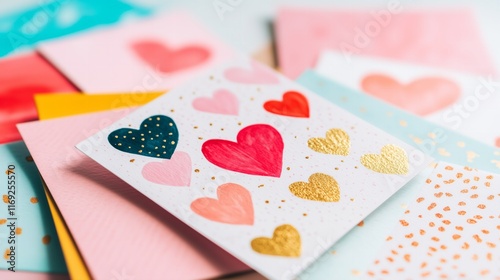 many Valentines cards stacked in a pile top view, cards have watercolor and modern prints with hearts