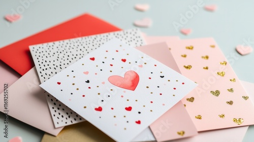 many Valentines cards stacked in a pile top view, cards have watercolor and modern prints with hearts