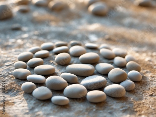 Smooth round pebble stones arranged harmoniously on a textured surface for home decor and landscaping inspiration. photo