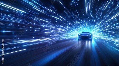 Futuristic electric car racing through a neon tunnel of speed and light