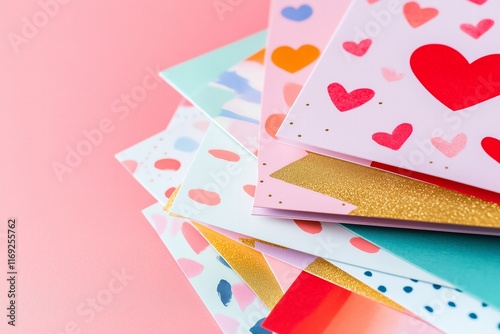 many Valentines cards stacked in a pile top view, cards have watercolor and modern prints with hearts
