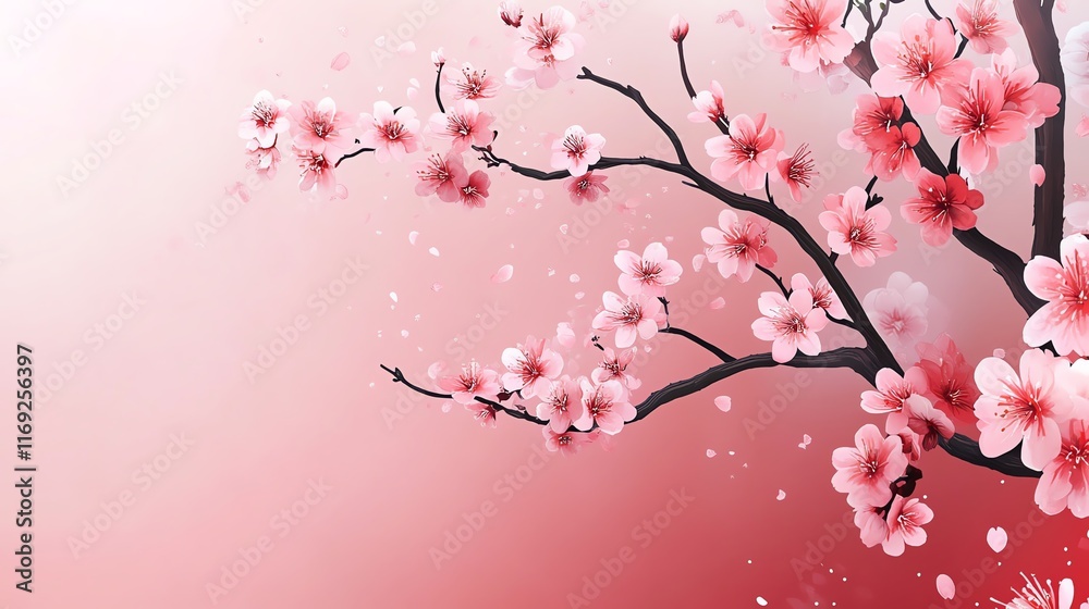 Fototapeta premium Beautiful pink cherry blossom branch with soft gradient background.