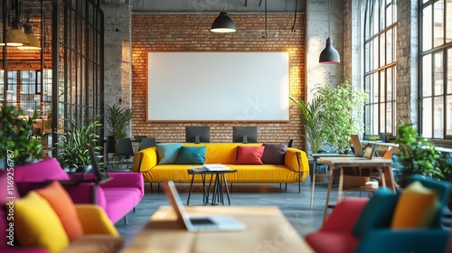 Modern Office Space with Colorful Furniture and Bright Natural Light