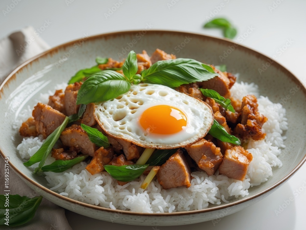 Delicious stir fried pork with basil served on rice alongside a perfectly fried egg for a hearty meal. Delicious stir fried pork with basil served on rice alongside a perfectly fried egg for a hearty meal.