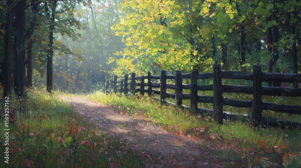 Sunlit Path Through Serene Forest with Rustic Wooden Fence and Lush Greenery in Autumn Colors Sunlit Path Through Serene Forest with Rustic Wooden Fence and Lush Greenery in Autumn Colors