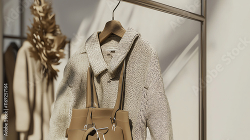 Stylish winter outerwear and handbag displayed in a modern boutique setting