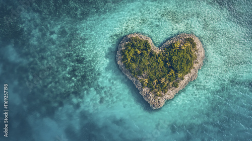 serene aerial view of heart shaped tropical island surrounded by clear water