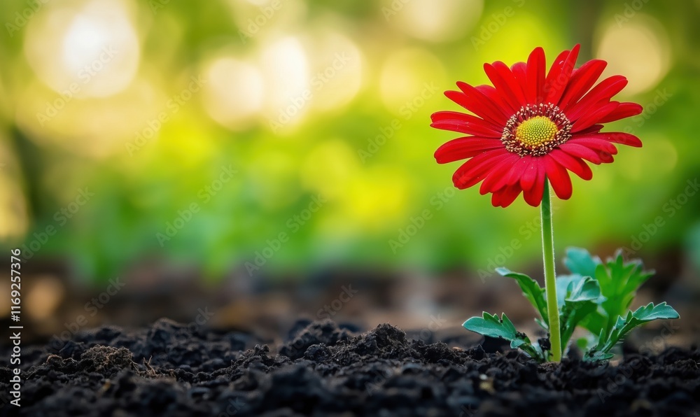 Vibrant red flower blooming in rich soil, surrounded by soft green background, showcasing nature's beauty and resilience Vibrant red flower blooming in rich soil, surrounded by soft green background, showcasing nature's beauty and resilience