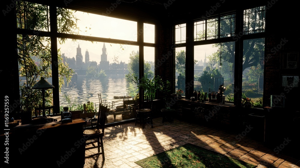 Serene Interior of a Cozy Workspace Overlooking a River at Sunrise Surrounded by Lush Greenery Serene Interior of a Cozy Workspace Overlooking a River at Sunrise Surrounded by Lush Greenery