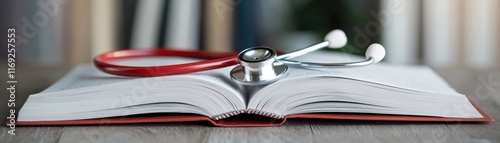 An open book rests on a table, with a stethoscope draped over its pages, symbolizing the connection between medicine and education.