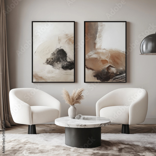 Two framed abstract paintings in an elegant modern living room with two white chairs and a marble coffee table.
