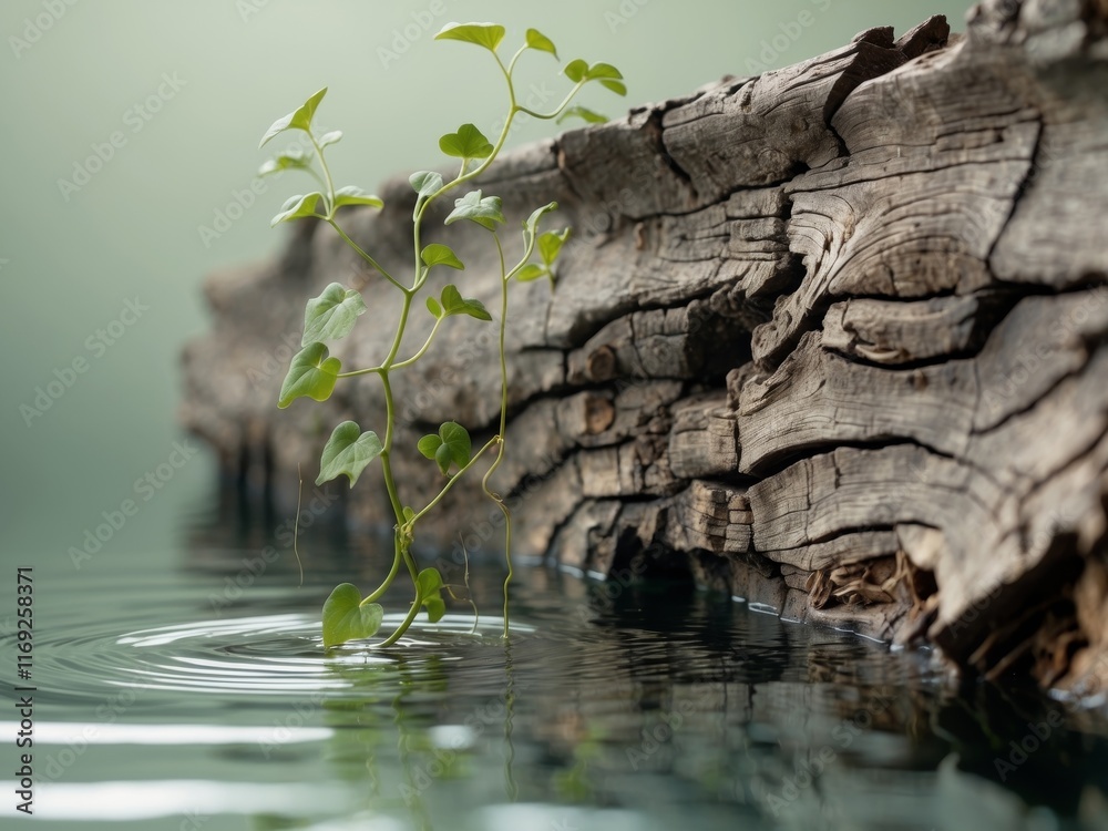 Naklejka premium Young Vine Sprouting From Ancient Wood In Water