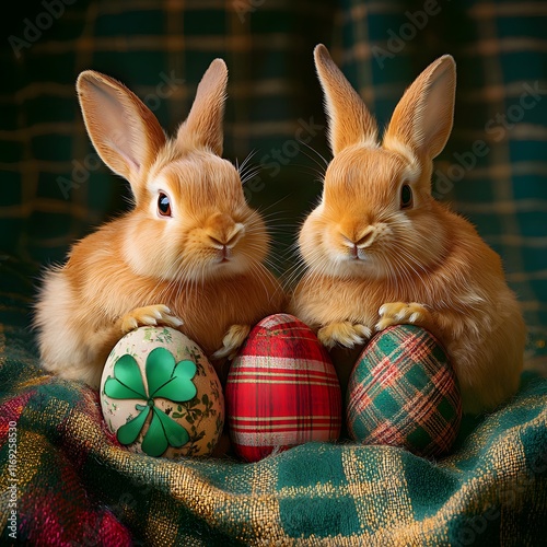 Easter bunny with Easter eggs with Irish decoration with green clovers and tartan pattern. photo