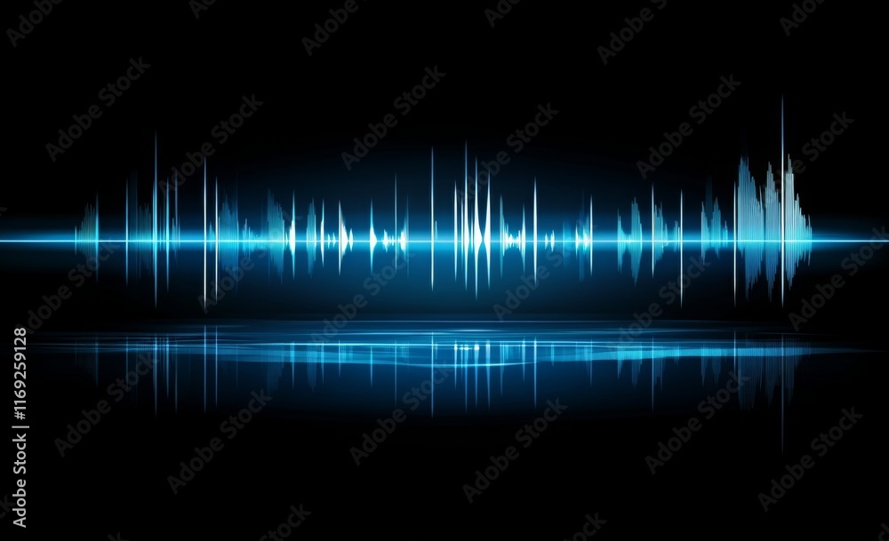 Simple vector graphic of an audio spectrum in blue, with a dark background and a reflection on the floor below. Simple vector graphic of an audio spectrum in blue, with a dark background and a reflection on the floor below.