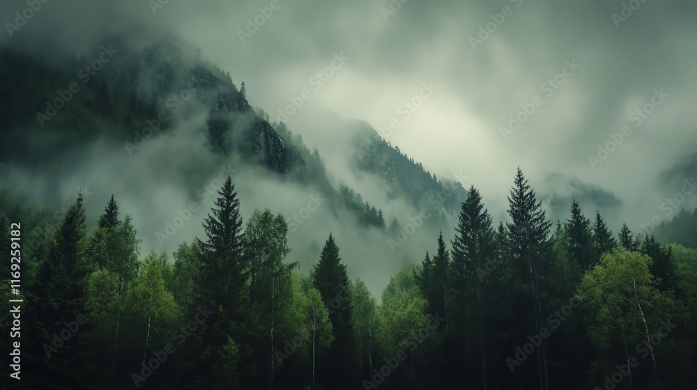 Misty mountain forest view with lush greenery and dense fog. Misty mountain forest view with lush greenery and dense fog.
