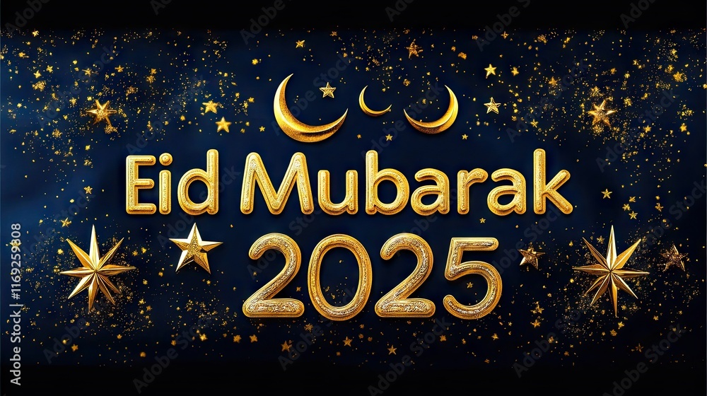 Fototapeta premium Elegant Eid Mubarak 2025 greeting with gold text, moons, and stars on a dark blue, sparkly background. Ideal for social media posts, cards, or banners.