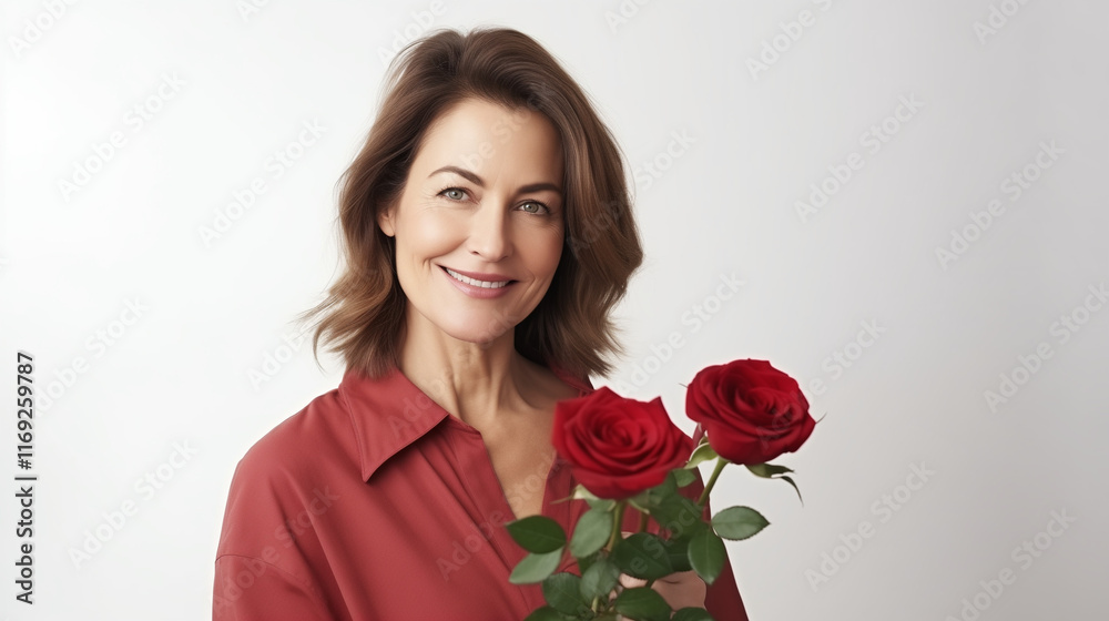 Cheerful middle-aged woman holding red roses against a light background Cheerful middle-aged woman holding red roses against a light background