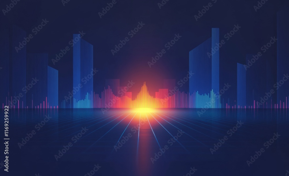 Fototapeta premium Simple vector graphic of an audio spectrum in blue, with a dark background and a reflection on the floor below.