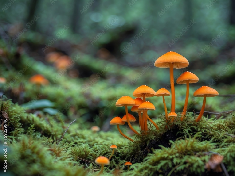 Fototapeta premium serene background of moss and fungi showcasing vibrant orange mushrooms.